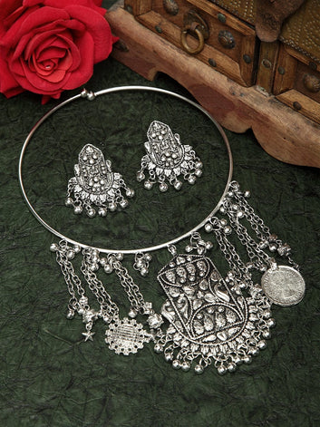 Ghungroo Studded Tasselled Design Oxidised Silver Plated Handcrafted Jewelry Set