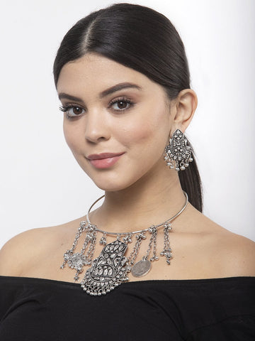 Ghungroo Studded Tasselled Design Oxidised Silver Plated Handcrafted Jewelry Set