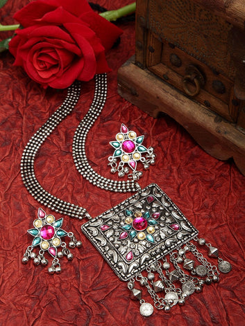 Multi Color Stone Studded Oxidised Silver Plated Handcrafted Afghan Design Jewelry Set