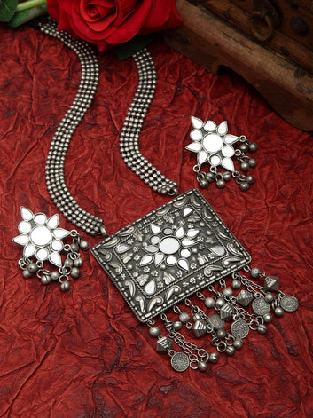 Mirror and Ghungroo Studded Oxidised Silver Plated Handcrafted Afghan Jewelry Set