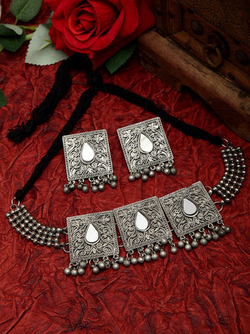 Mirror and Ghungroo Studded Oxidised Silver Plated Handcrafted Afghan Jewelry Set