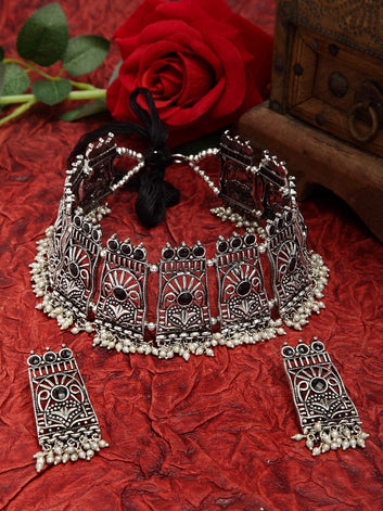 Black Stone & Pearls Studded Oxidised Silver Plated Handcrafted Temple Jewelry Set