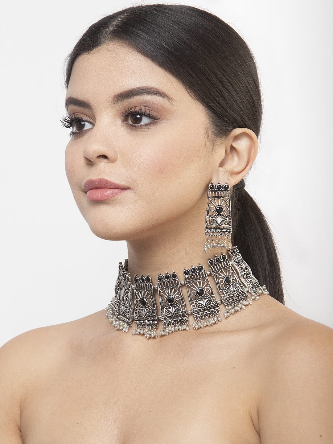 Black Stone & Pearls Studded Oxidised Silver Plated Handcrafted Temple Jewelry Set