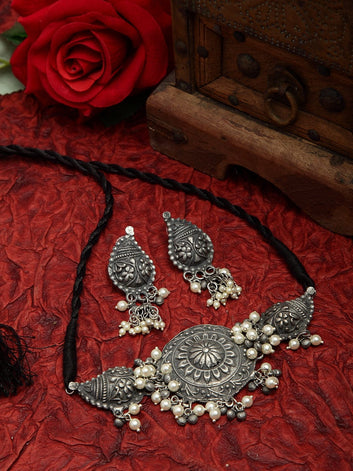Pearls Studded Tasselled Design Oxidised Silver Plated Handcrafted Afghan Jewelry Set