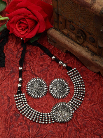 Floral Design Oxidised Silver Plated Temple Jewelry Set