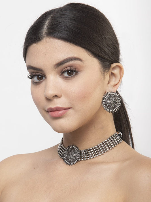 Floral Design Oxidised Silver Plated Temple Jewelry Set