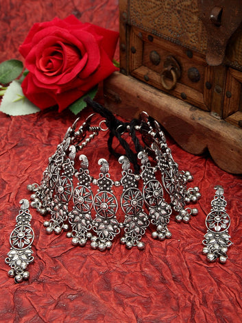 White Stone & Ghungroo Studded Oxidised Silver Plated Handcrafted Temple Jewelry Set