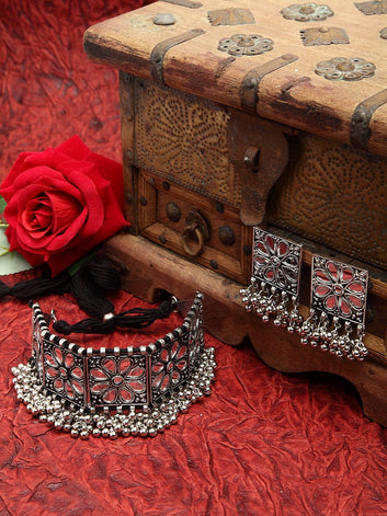 Mirrors & Beads Studded Oxidised Silver Plated Handcrafted Temple Jewelry Set