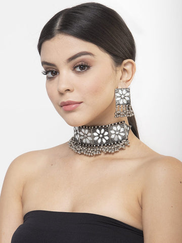 Mirrors & Beads Studded Oxidised Silver Plated Handcrafted Temple Jewelry Set