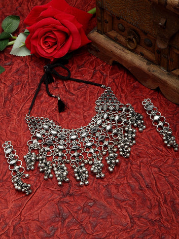Mirrors and Ghungroo Studded Tasselled Design Oxidised Silver Plated Jewelry Set