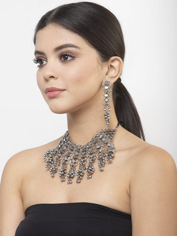 Mirrors and Ghungroo Studded Tasselled Design Oxidised Silver Plated Jewelry Set
