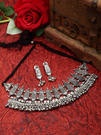 Ghungroo Studded Tasselled Design Oxidised Silver Plated Layered Jewelry Set