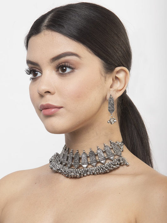Ghungroo Studded Tasselled Design Oxidised Silver Plated Layered Jewelry Set