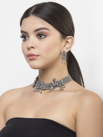 Ghungroo Studded Filigree Work Oxidised Silver Plated Layered Jewelry Set