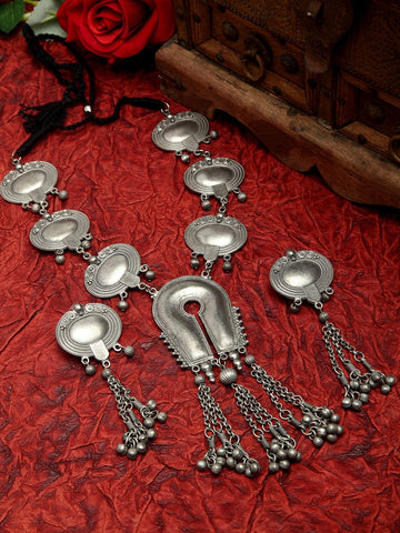 Ghungroo Studded Tasselled Design Oxidised Silver Plated Tribal Jewelry Set