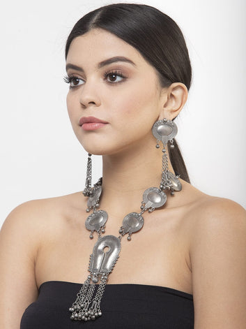 Ghungroo Studded Tasselled Design Oxidised Silver Plated Tribal Jewelry Set