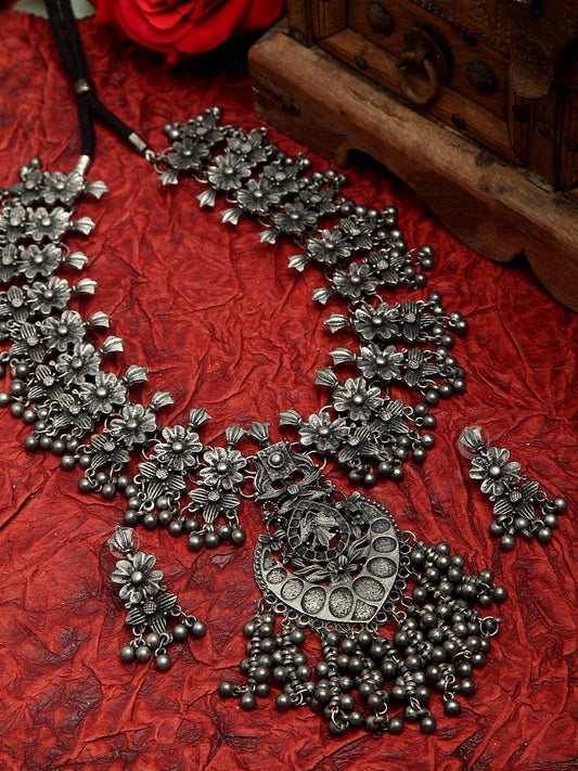 Ghungroo Studded Floral & Tasselled Design Oxidised Silver Plated Tribal Jewelry Set