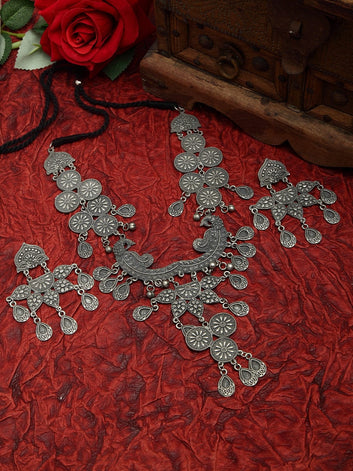 Floral Design Tasselled Look Oxidised Silver Plated Handcrafted Tribal Jewelry Set