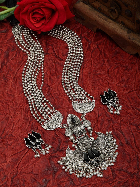 Black Enamelled Floral Design Oxidised Silver Plated Handcrafted Layered Jewelry Set
