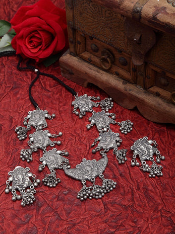Ganesha Design Oxidised Silver Plated Handcrafted Tasselled Jewelry Set