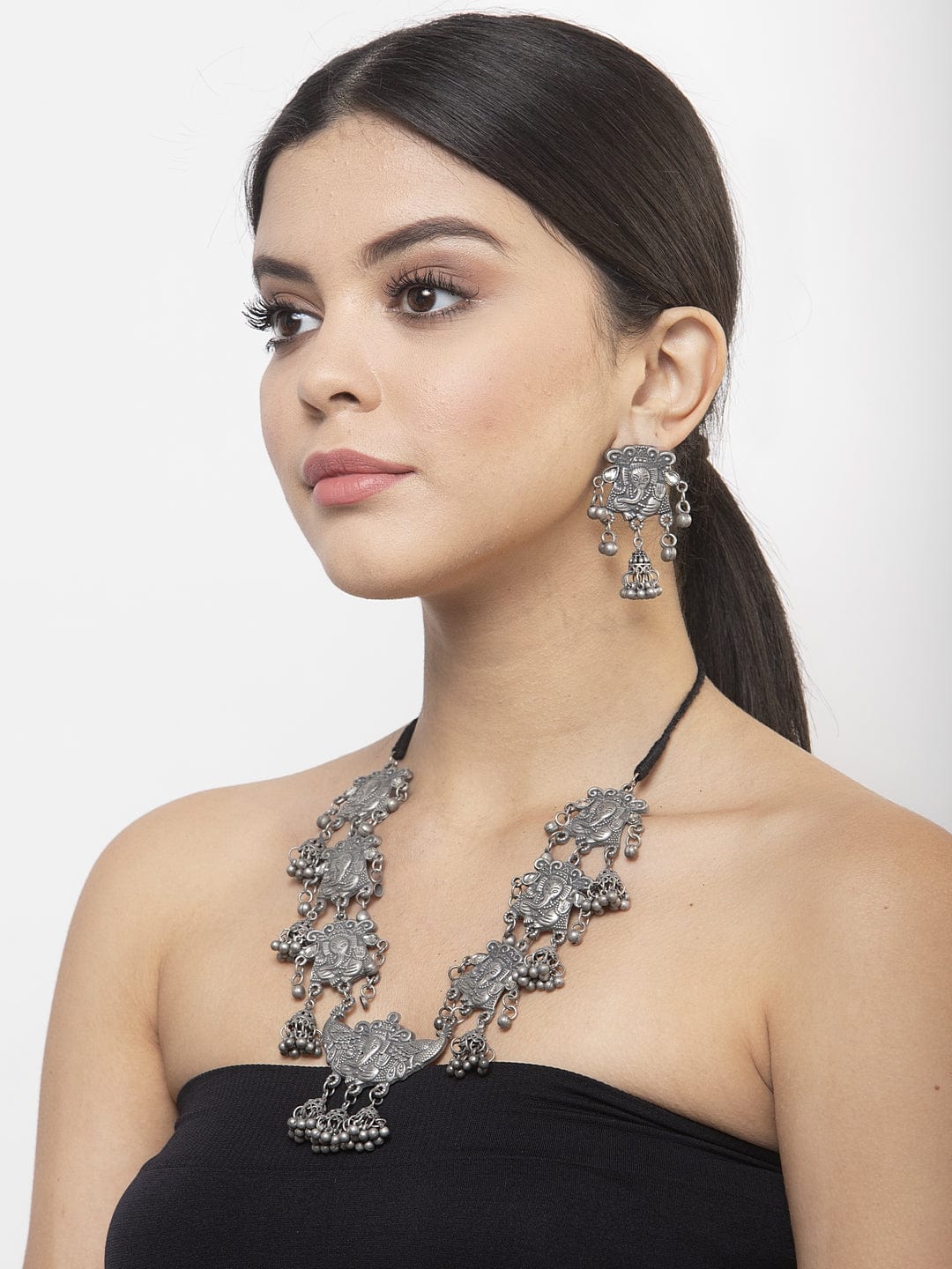 Ganesha Design Oxidised Silver Plated Handcrafted Tasselled Jewelry Set