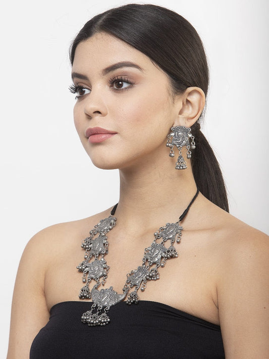 Ganesha Design Oxidised Silver Plated Handcrafted Tasselled Jewelry Set