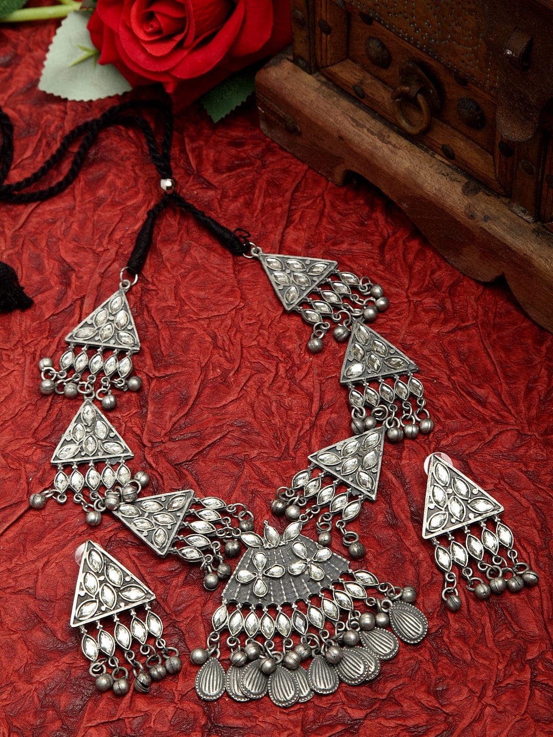 Mirrors and Beads Studded Oxidised Silver Plated Handcrafted Tasselled Jewelry Set