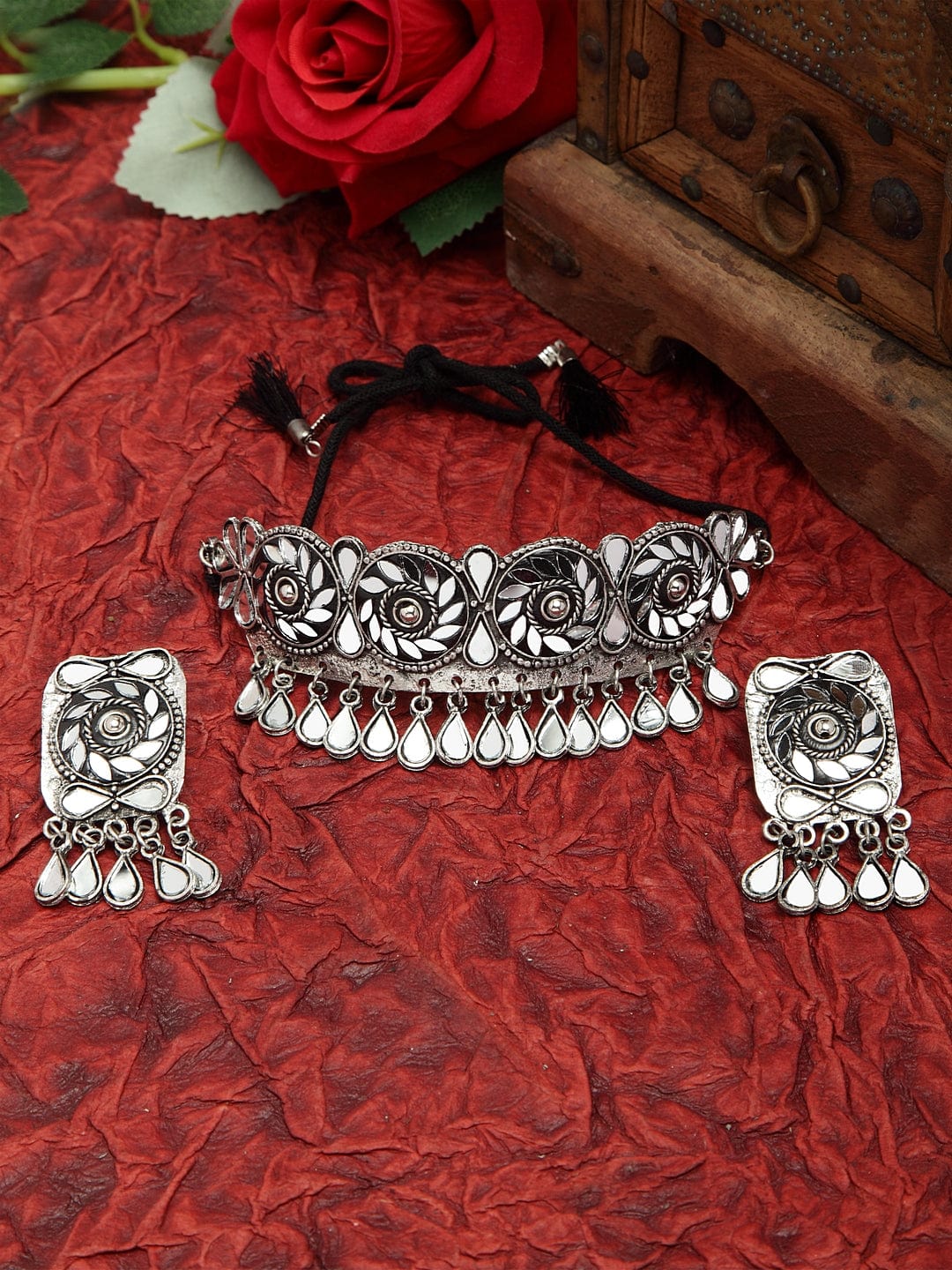 Mirrors and Crystals Studded Oxidised Silver Plated Handcrafted Tasselled Jewelry Set