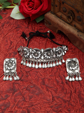 Mirrors and Crystals Studded Oxidised Silver Plated Handcrafted Tasselled Jewelry Set
