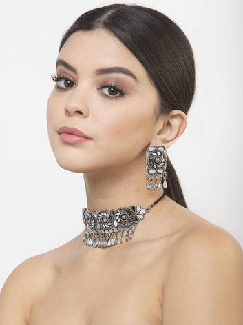 Mirrors and Crystals Studded Oxidised Silver Plated Handcrafted Tasselled Jewelry Set