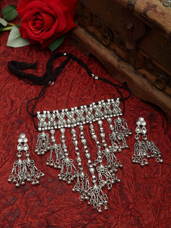Silver Plated Mirrors & Crystals Oxidised Handcrafted Tasselled Jewelry Set