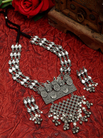 Stones and Pearls Studded Oxidised Silver Plated Handcrafted Temple Jewelry Set