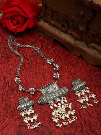 Pearls Studded Tasselled Design Oxidised Silver Plated Handcrafted Temple Jewelry Set