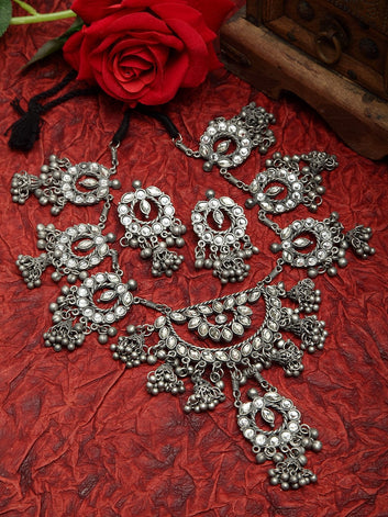 Stones and Beads Studded Tasselled Design Oxidised Silver Plated Handcrafted Jewelry Set
