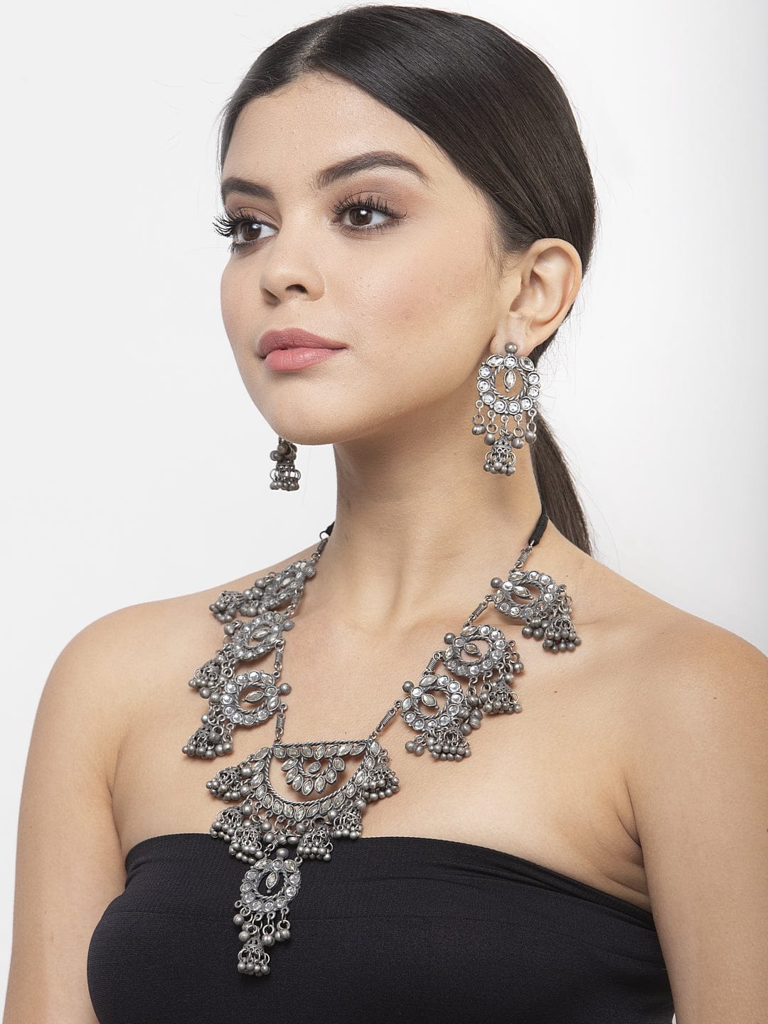 Stones and Beads Studded Tasselled Design Oxidised Silver Plated Handcrafted Jewelry Set