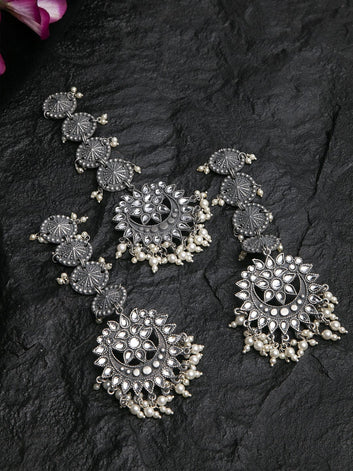 Stones and Pearls Studded Oxidised Silver Plated Handcrafted Earrings and Maang Tikka
