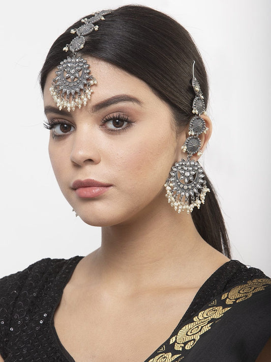 Stones and Pearls Studded Oxidised Silver Plated Handcrafted Earrings and Maang Tikka