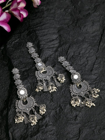 Mirrors and Pearls Studded Oxidised Silver Plated Handcrafted Earrings and Maang Tikka