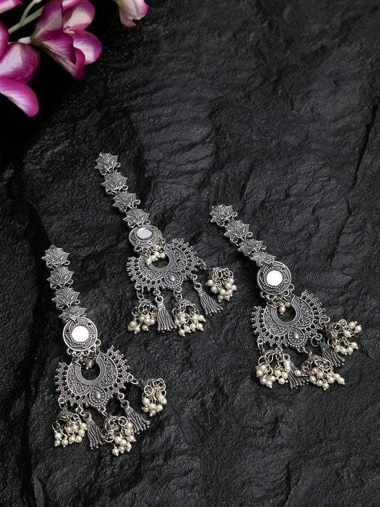 Mirrors and Pearls Studded Oxidised Silver Plated Handcrafted Earrings and Maang Tikka