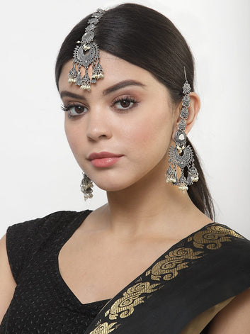 Mirrors and Pearls Studded Oxidised Silver Plated Handcrafted Earrings and Maang Tikka