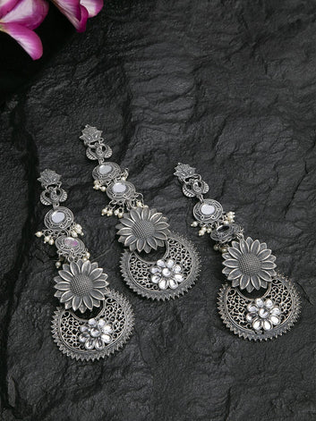 Silver-Plated Oxidised & Crystal Studded Jewellery Set