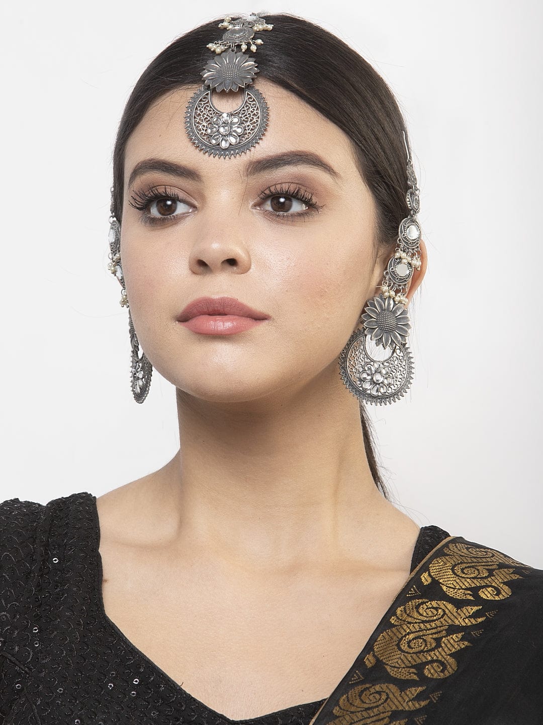 Silver-Plated Oxidised & Crystal Studded Jewellery Set
