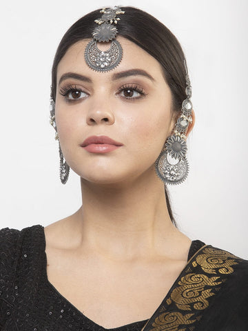 Silver-Plated Oxidised & Crystal Studded Jewellery Set