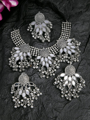 Mirrors & Ghungroo Studded Oxidised Silver Plated Handcrafted Jewelry Set with Ring