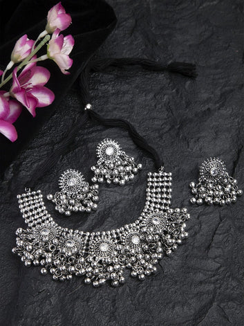 White Stones & Ghungroo Studded Oxidised Silver Plated Handcrafted Jewelry Set with Ring