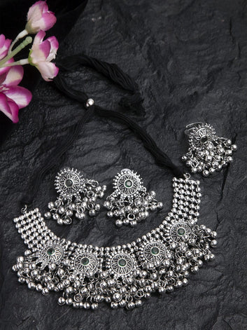 Green Stones & Ghungroo Studded Oxidised Silver Plated Handcrafted Jewelry Set with Ring