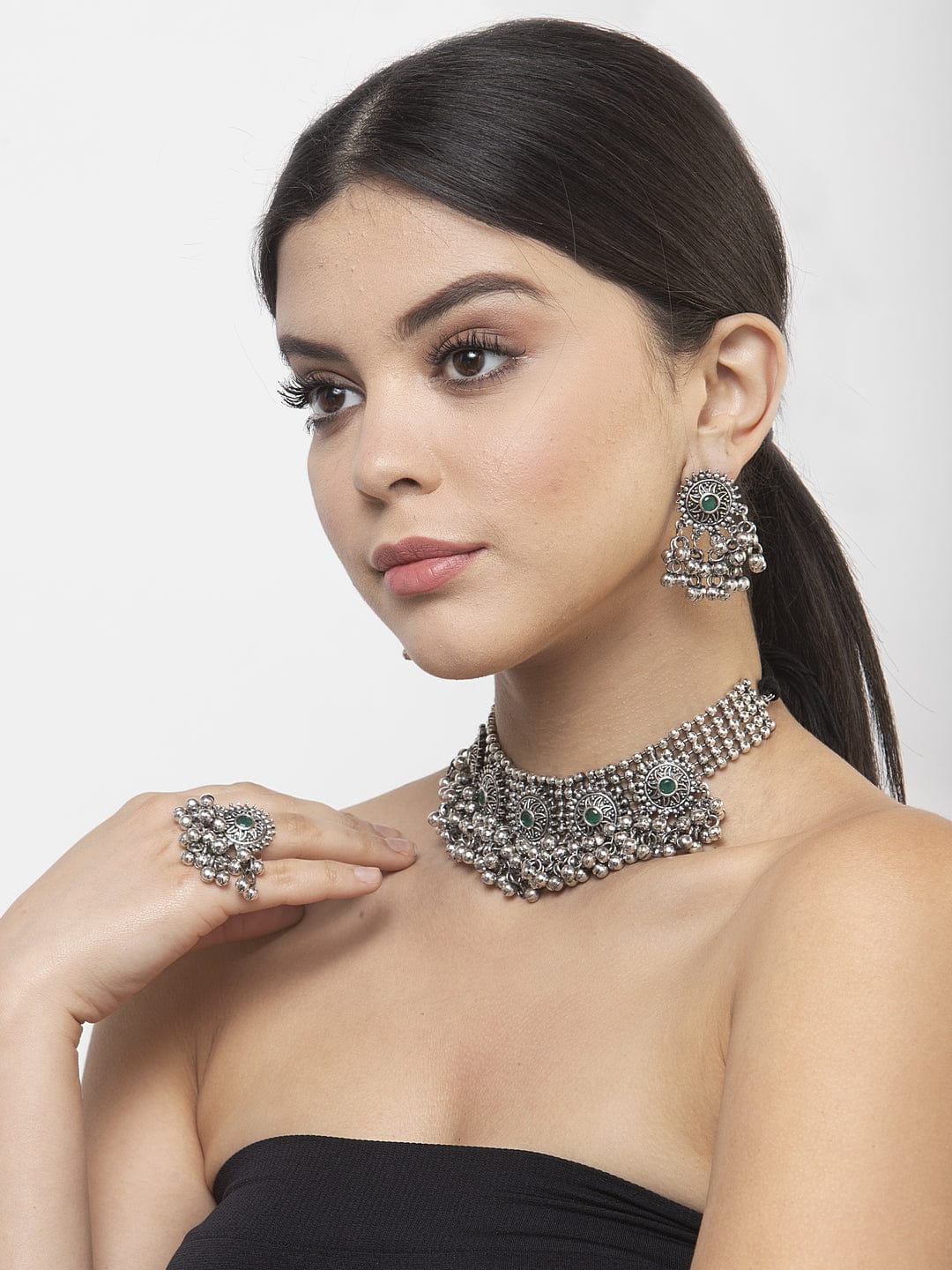 Green Stones & Ghungroo Studded Oxidised Silver Plated Handcrafted Jewelry Set with Ring