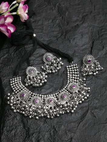 Pink Stones & Ghungroo Studded Oxidised Silver Plated Handcrafted Jewelry Set with Ring