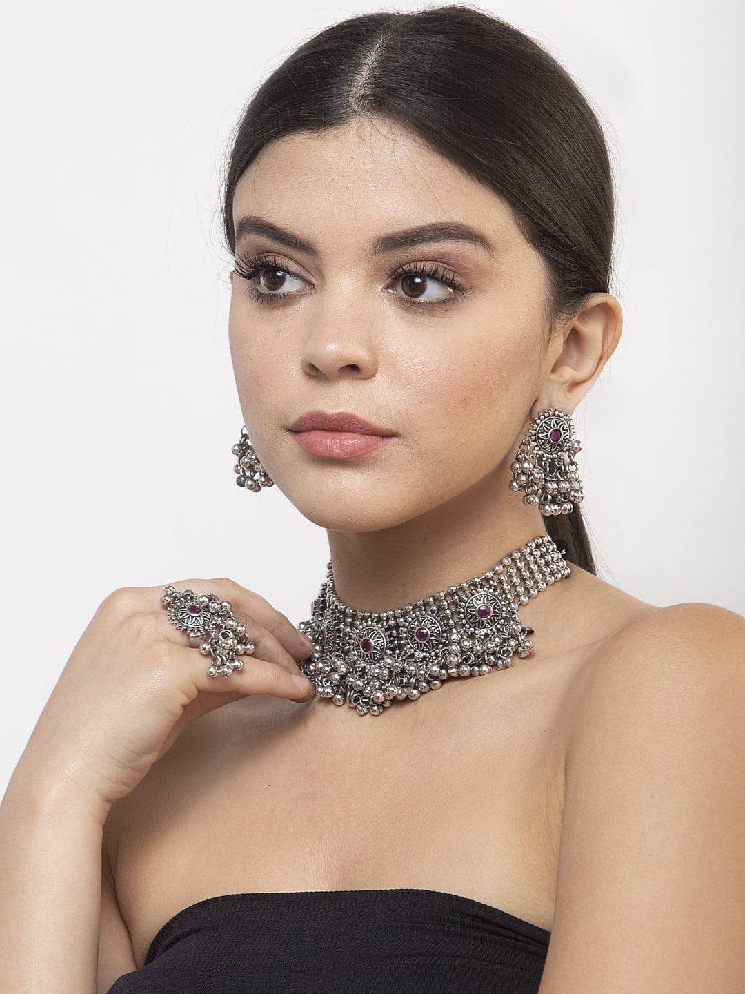 Pink Stones & Ghungroo Studded Oxidised Silver Plated Handcrafted Jewelry Set with Ring