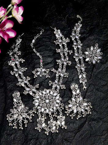 Mirrors Studded Floral Design Oxidised Necklace Set with Bracelet, Ring & Maang Tikka
